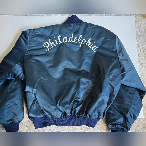 Vintage 80s Birdie Richard A Leslie Blue Satin Puffer Jacket Philadelphia Philly - Picture 9 of 16